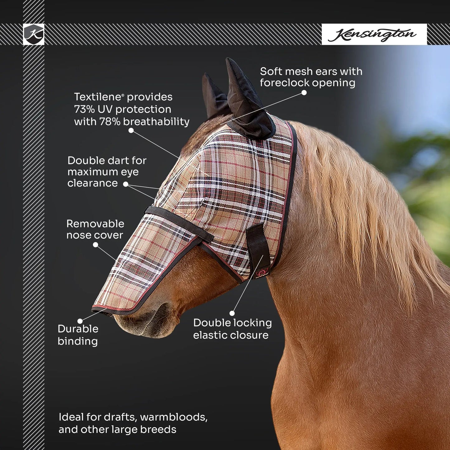 Draft Horse Fly Mask with Long Nose, Ears & 73% UV Protection